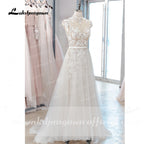 Custom Made Bohemian Wedding Dress Vintage Lace Beaded High Neck Tulle Gown