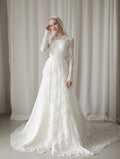 Luxury Custom A Line Wedding Dress Long Sleeve Lace Applique Chapel Train
