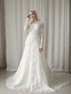 Luxury Custom A Line Wedding Dress Long Sleeve Lace Applique Chapel Train