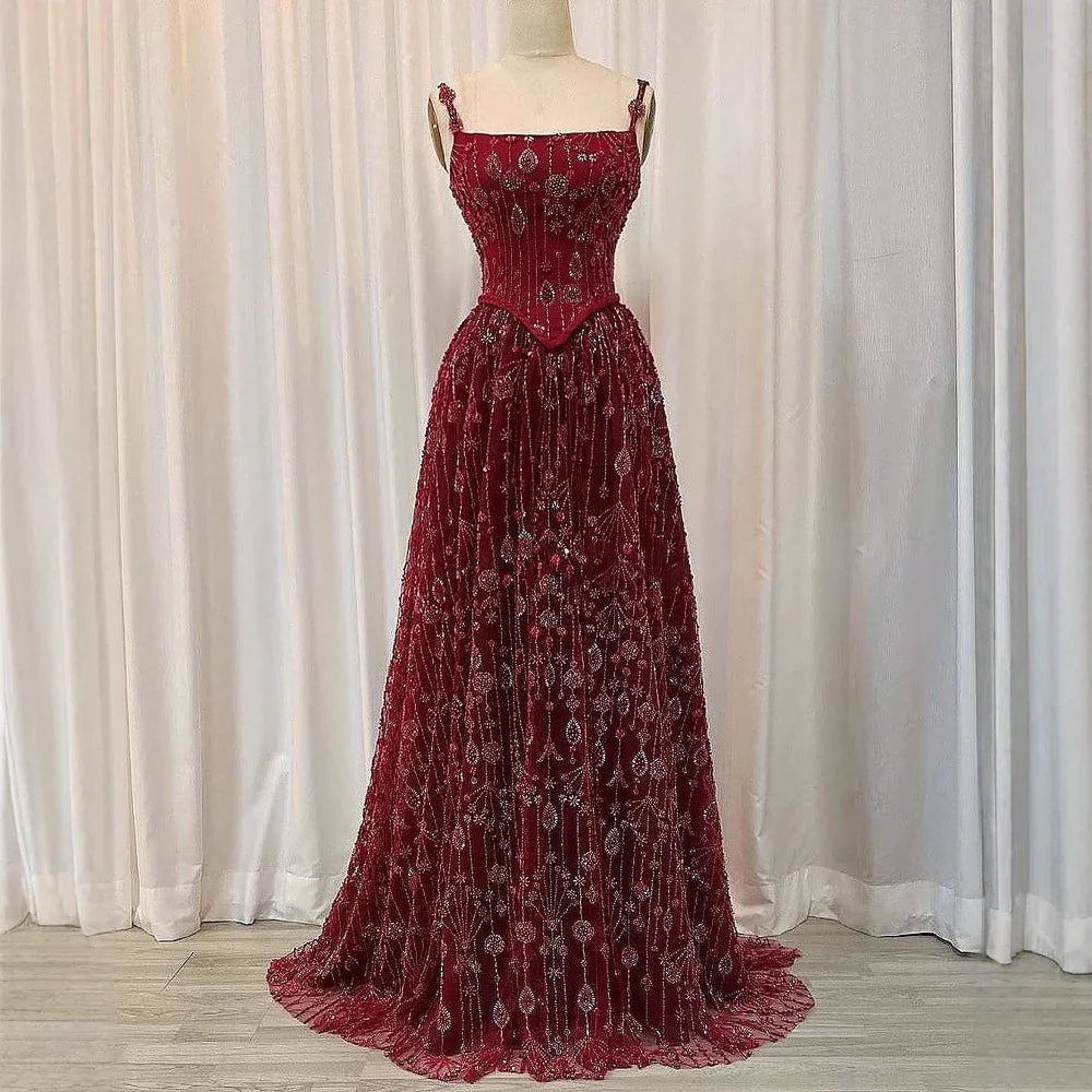 Luxury Sage Green Beaded A-Line Spaghetti Strap Evening Dress LA72805