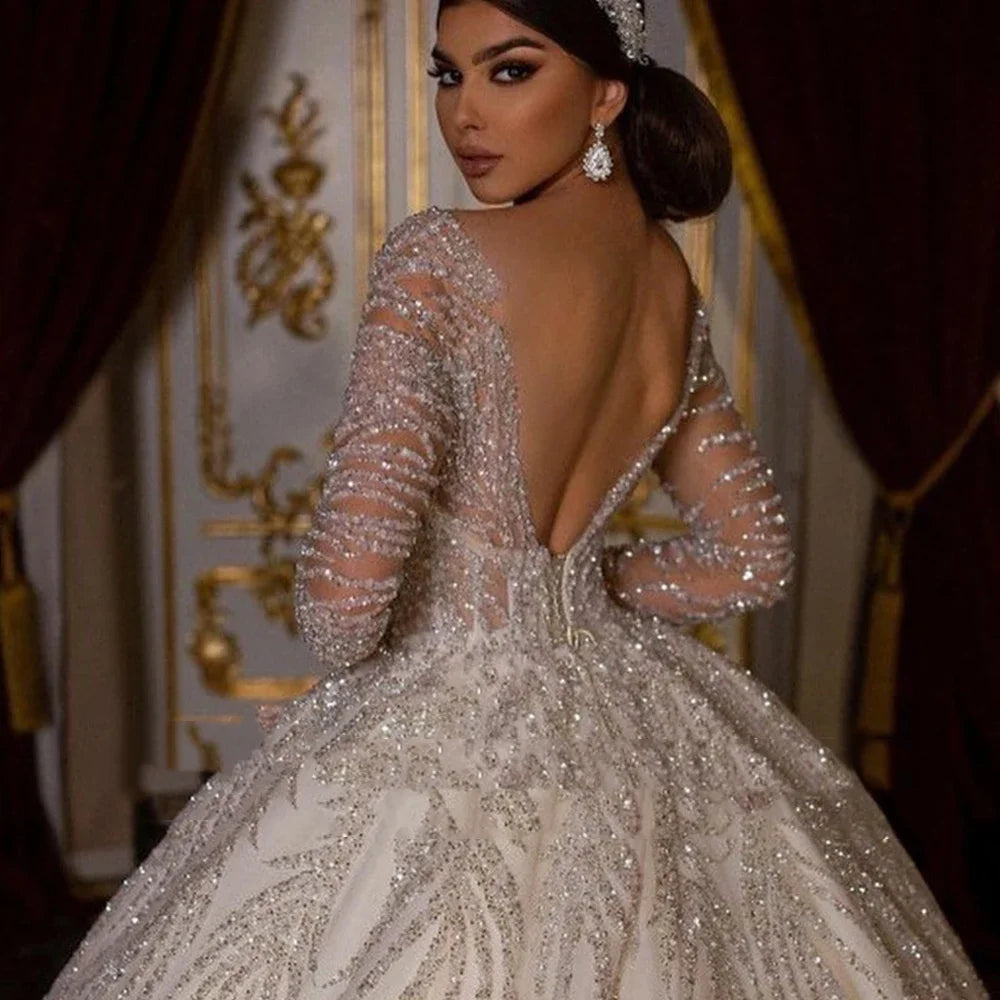 Custom Long Sleeve Sequined Princess Ball Gown Wedding Dress