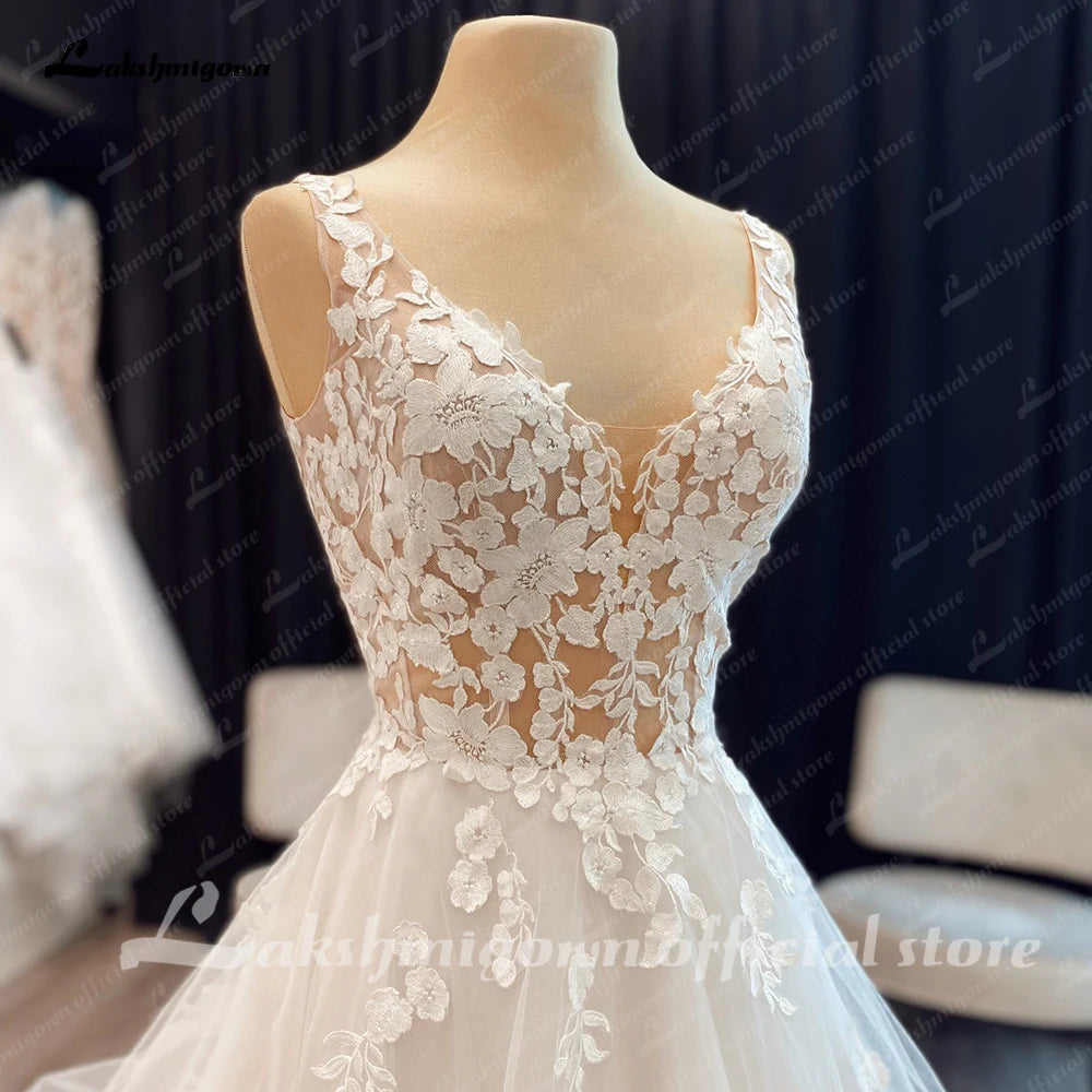 Custom V Neck Wedding Dress With Appliques And A Line Court Train