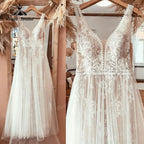 Custom Boho V Neck Lace Wedding Dress Backless Beach Bridal Gown