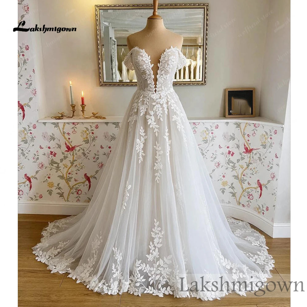 Custom Made Boho Off Shoulder Wedding Dress Illusion Bodice A Line