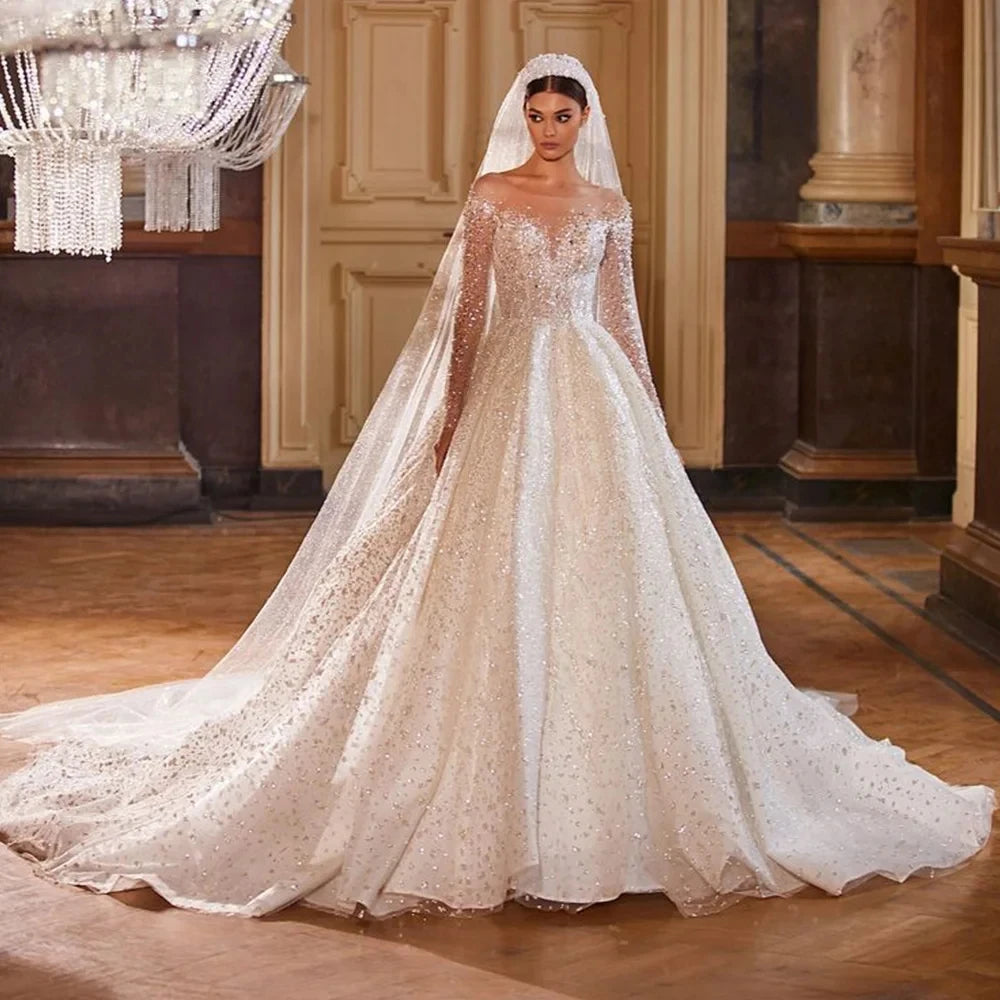 Luxury Long Sleeve Beaded Tulle Ball Gown Wedding Dress Button Back