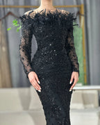 Luxury Dubai Green Long Sleeves Feathers Beaded Evening Dress LA72553