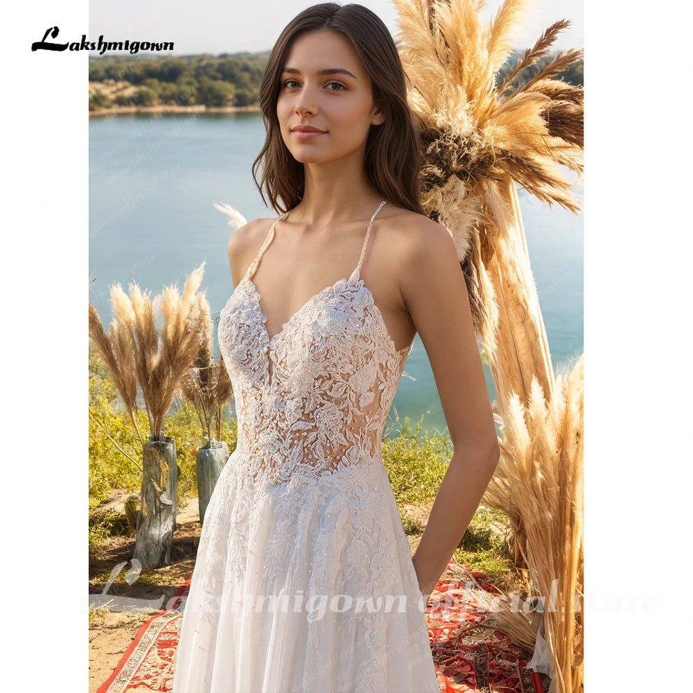 Custom Boho Wedding Dress Spaghetti Straps Lace Applique Tulle Bridal Gown