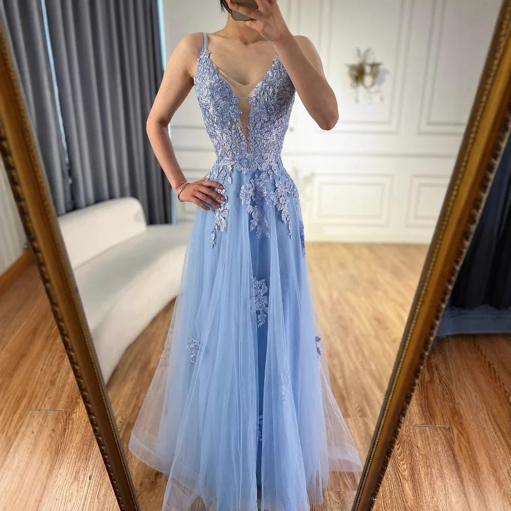 Luxury Sage Green Lace A-Line Prom Dress with Spaghetti Straps LA73005