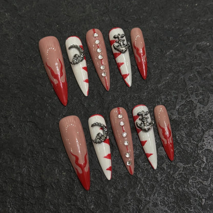 10 uñas postizas francesas hechas a mano con diseño de flores de tulipán, perla, corazón y diamante, uñas postizas de lujo para mujer. 