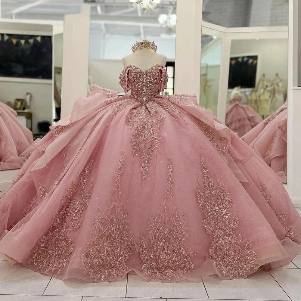 Pink Quinceanera Ball Gown Off Shoulder Beaded Appliques Sweet 16 Mexican Dress