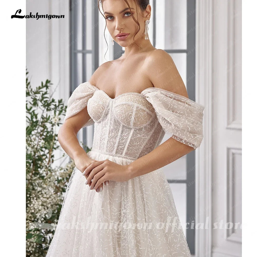 Customized Luxury Boat Neck Wedding Dress Bohemian Floor Length Gown