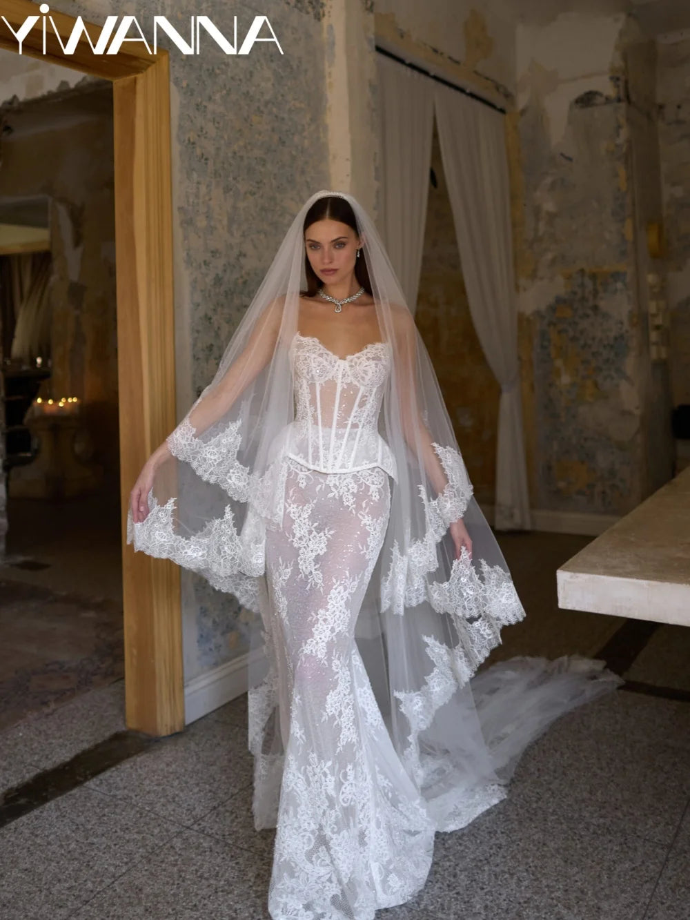 Custom Sequined Lace Corset Wedding Dress Illusion Mermaid Bridal Gown