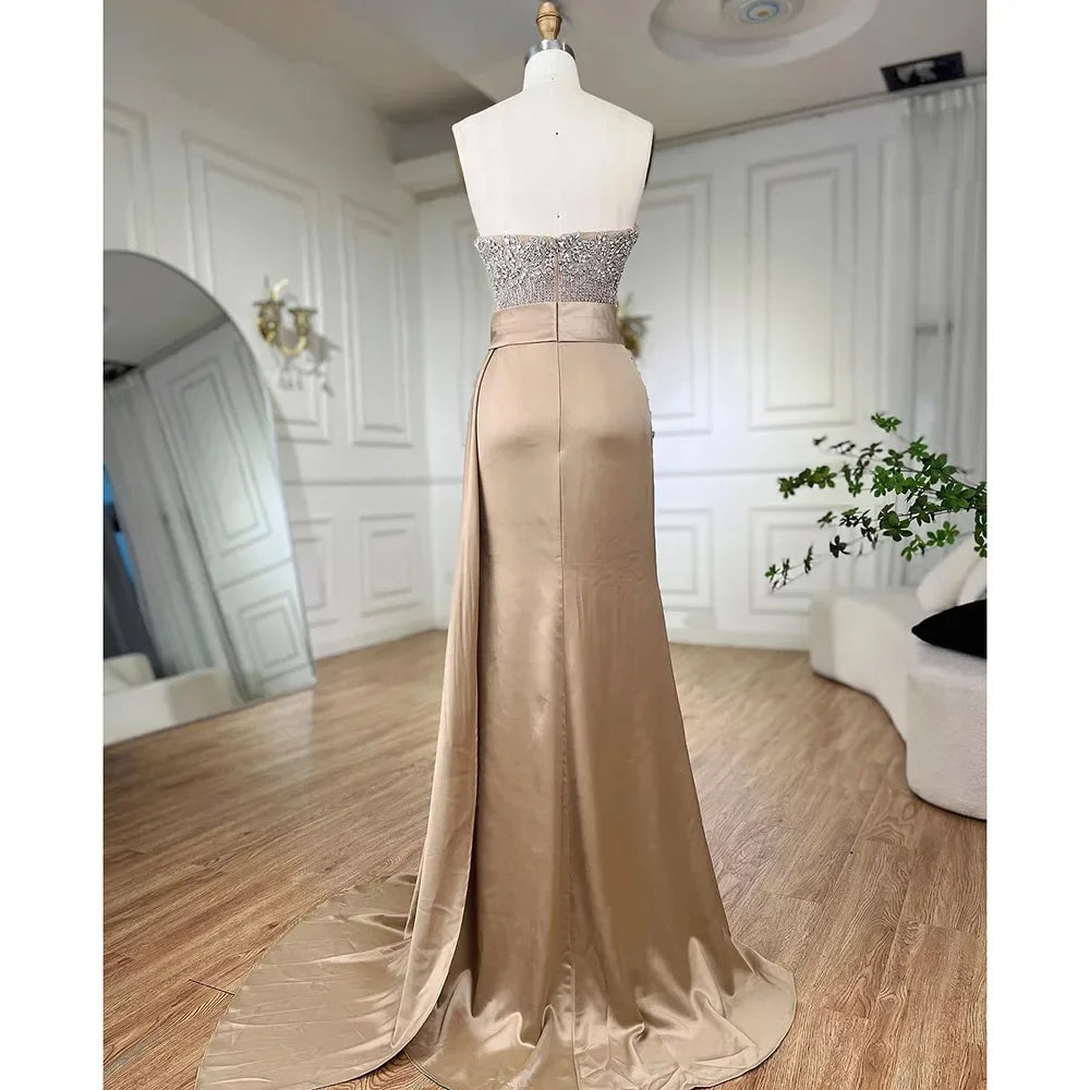 Customized Nude Strapless Mermaid Evening Dress With Beaded High Split Gown