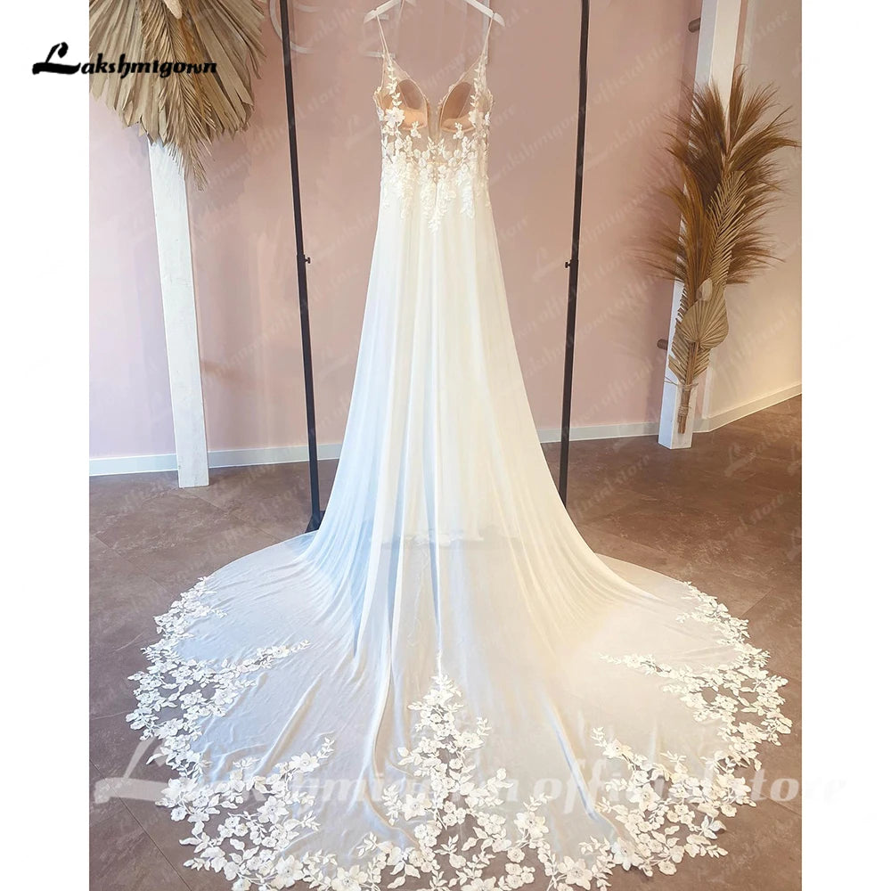 Customized Beach Wedding Dress With Vintage Lace Boho Spaghetti Straps