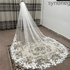 White Ivory One Layer Cathedral Wedding Veil With Lace Edge