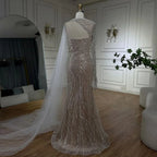 Custom Blue Mermaid Evening Dress Pearl Beaded Formal Gown With Gloves