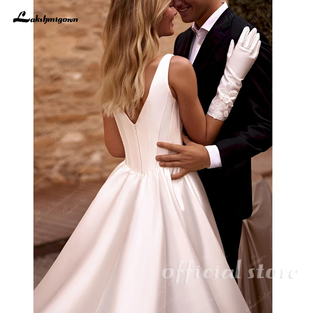 Satin Wedding Dress Spaghetti Straps Appliques Draped A Line Bridal Gown