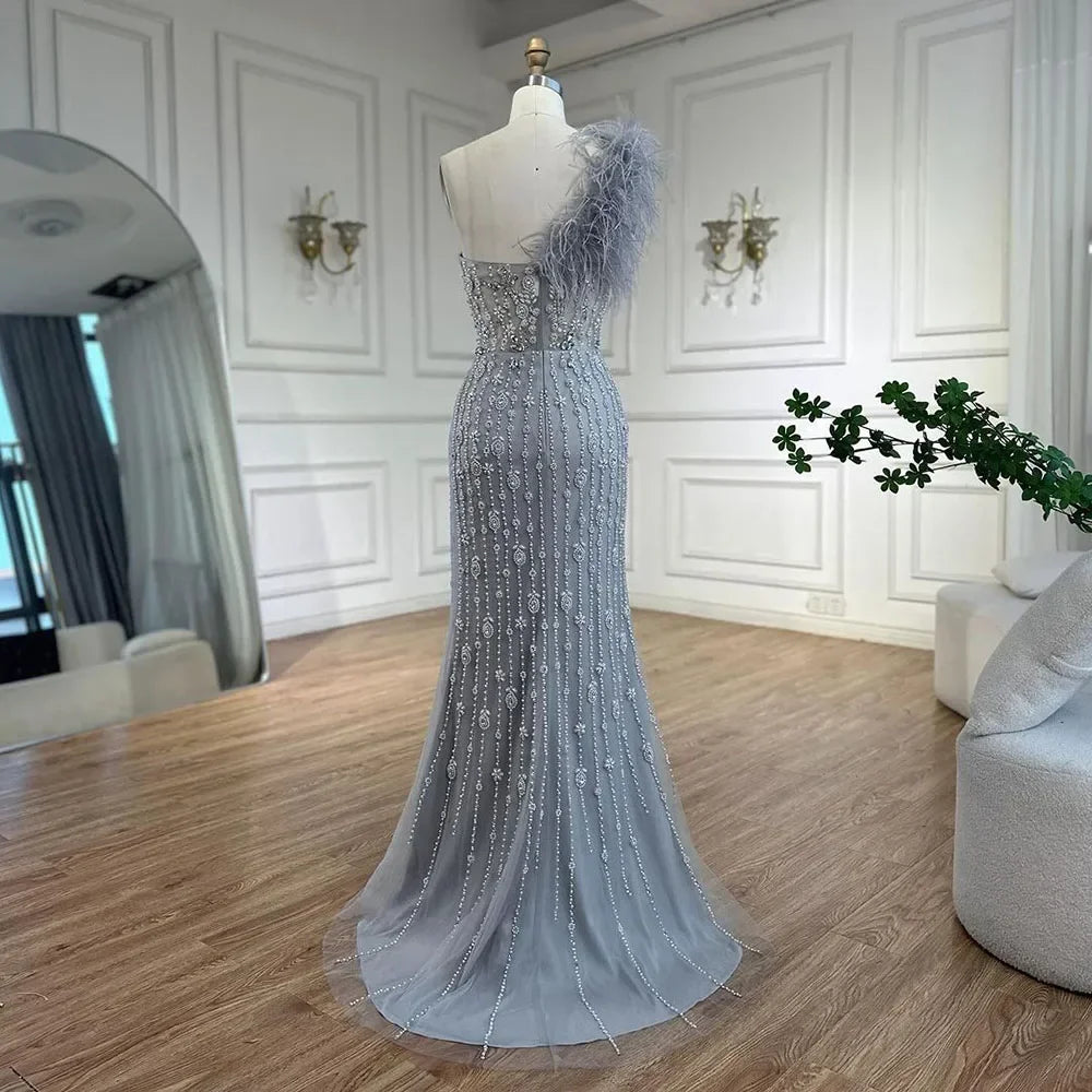 Gray Mermaid One Shoulder Beaded Feather Evening Gown Custom For Women