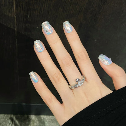 Juego de 10 uñas postizas Aurora hechas a mano con forma de T corta y stiletto largo, diseños de metal plateado, uñas postizas Spicy Girl. 