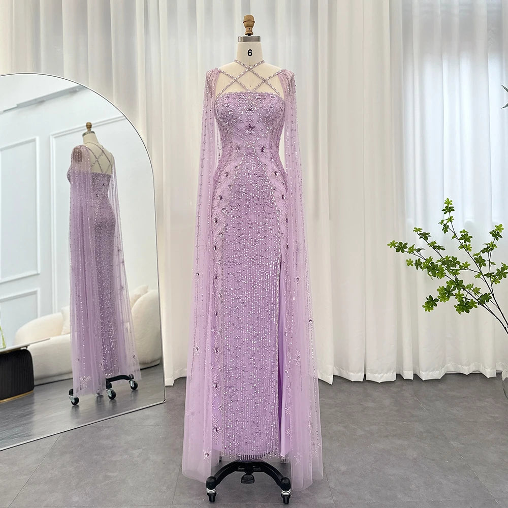 Sharon Said Luxus Dubai Aqua Flieder Meerjungfrau Abendkleid mit Umhangärmel und Überkreuzung Damen Hochzeitsfestkleid SS391 Maßgeschneidert