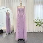 Sharon Said Luxus Dubai Aqua Flieder Meerjungfrau Abendkleid mit Umhangärmel und Überkreuzung Damen Hochzeitsfestkleid SS391 Maßgeschneidert