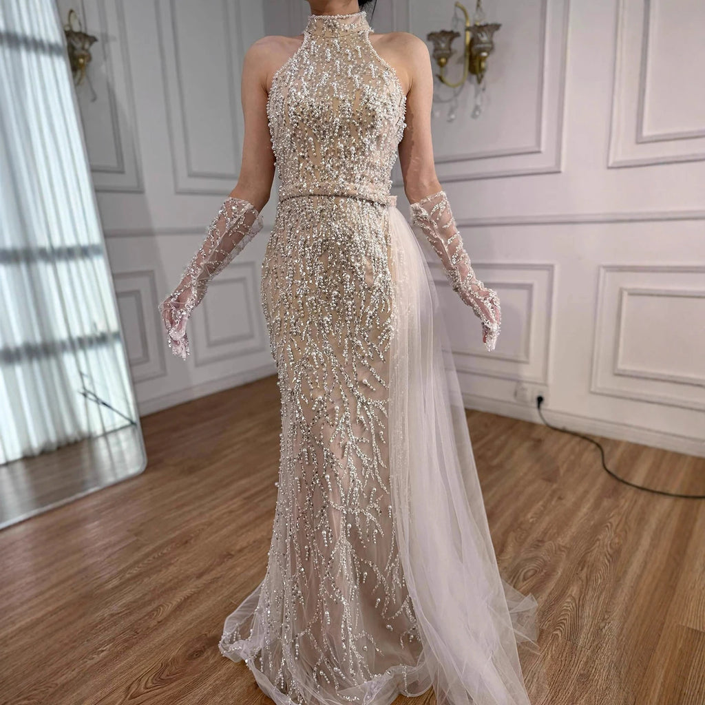 Custom White Pearl Halter Mermaid Evening Gown With Gloves Women