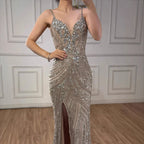Luxury Nude Beaded High Slit Mermaid Evening Dress LA73340