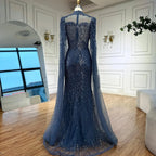Luxury  Modest Blue Mermaid Evening Dress with Cape LA73006