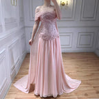 Pink Chiffon Evening Dress Off Shoulder Cape Back Formal Party Gown 2026