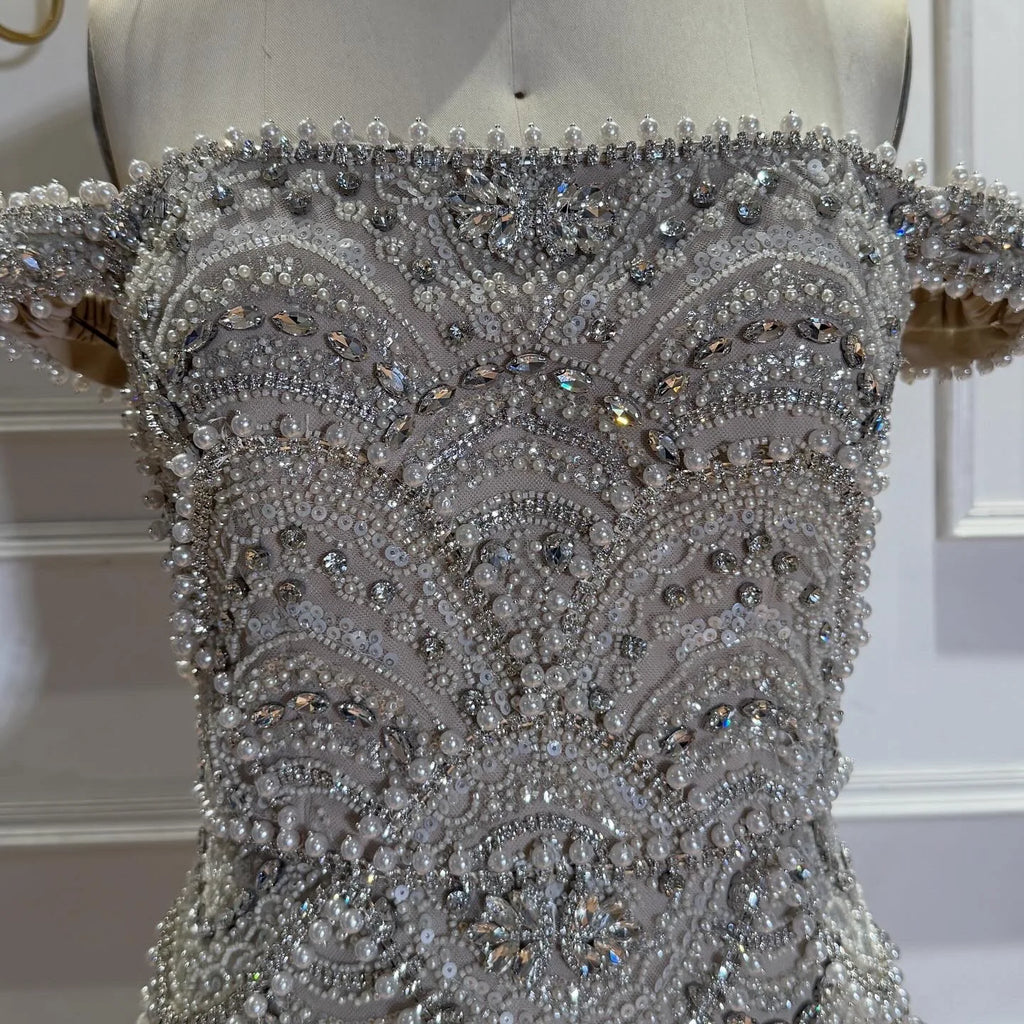Serene Hill Pearl Beaded Mermaid Off Shoulder Formal Evening Dress