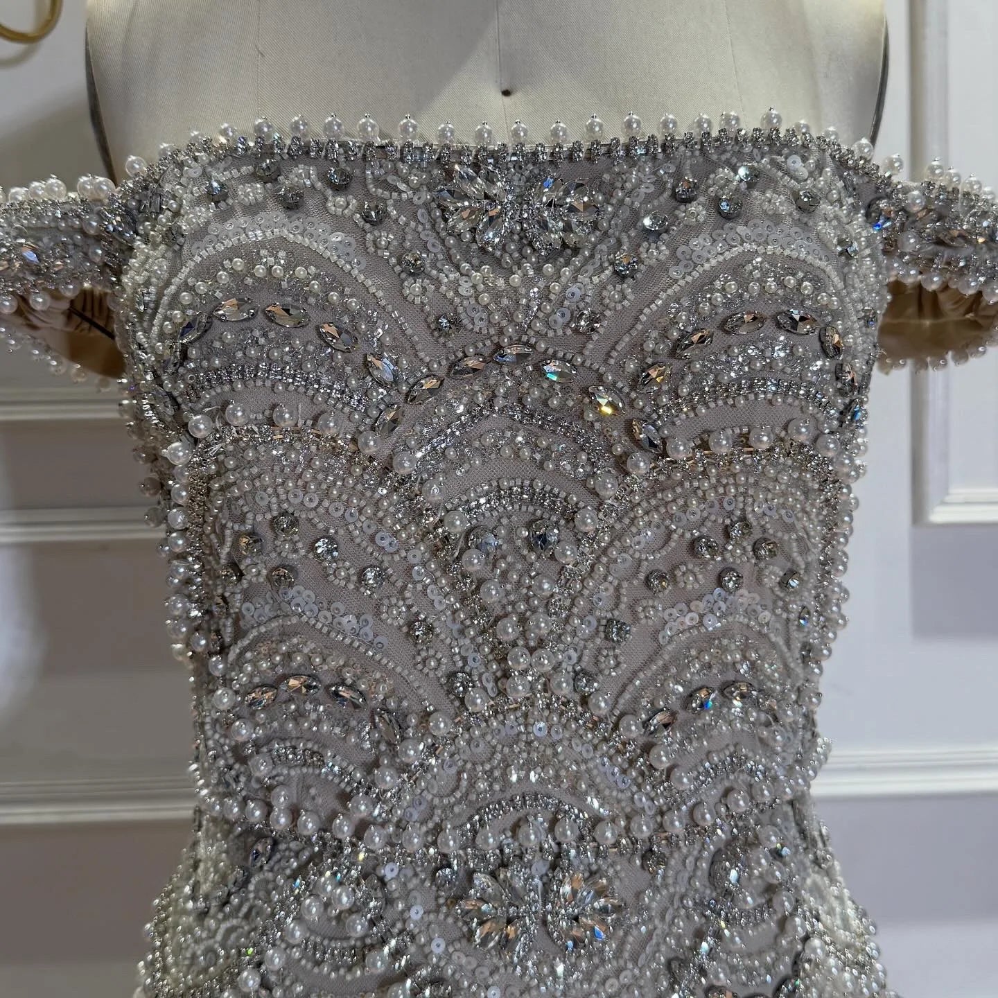 Serene Hill Pearl Beaded Mermaid Off Shoulder Formal Evening Dress