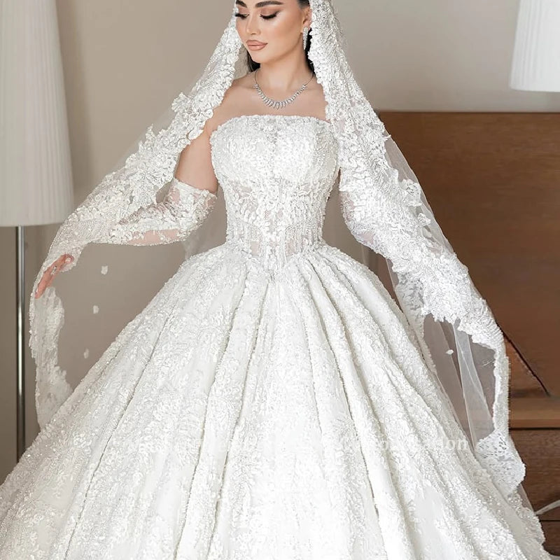 Mocaca Sequin Lace Applique Off Shoulder Long Sleeve Ball Gown Wedding Dress