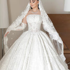 Mocaca Sequin Lace Applique Off Shoulder Long Sleeve Ball Gown Wedding Dress