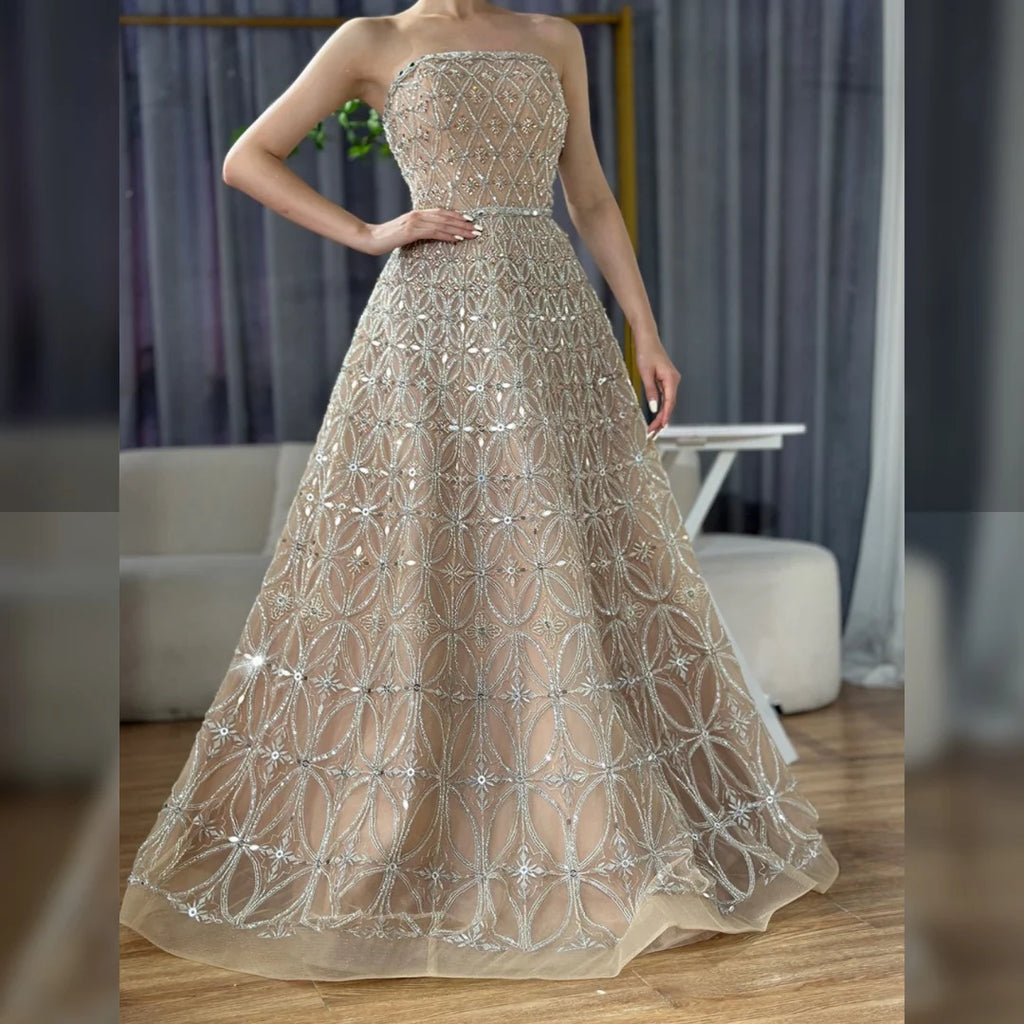 Serene Hill Caramel Strapless Beaded A Line Evening Prom Dress