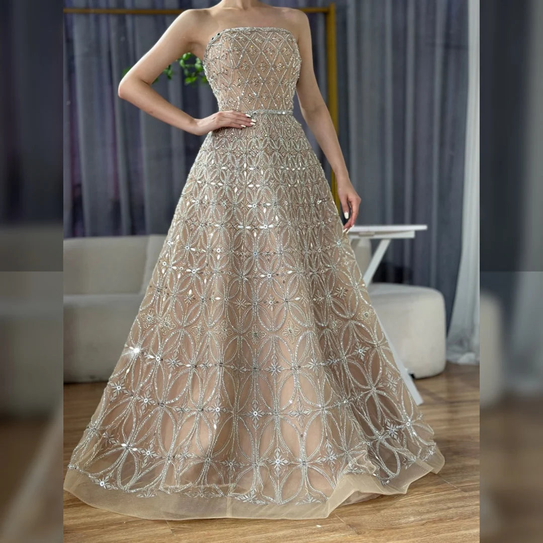 Serene Hill Caramel Strapless Beaded A Line Evening Prom Dress