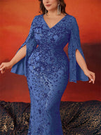 BLUEPLUM Plus Size Luxury Blue Evening Dresses Women 2025 Long Sleeve Mermaid Formal Sequins Prom Wedding Party Cocktail Gowns