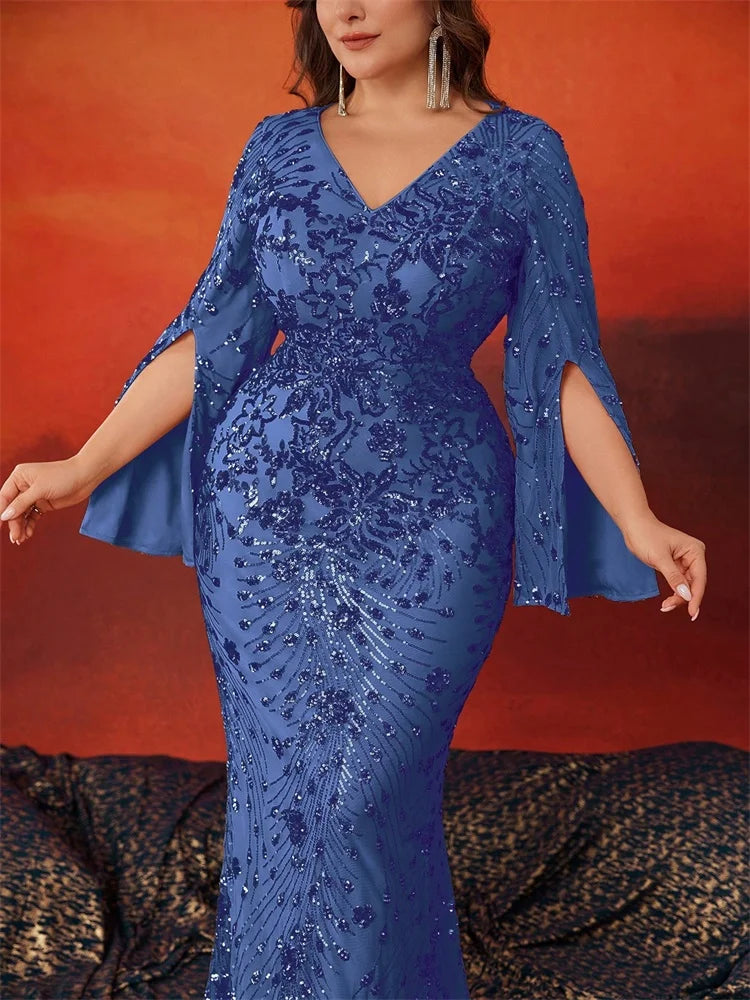 BLUEPLUM Plus Size Luxury Blue Evening Dresses Women 2025 Long Sleeve Mermaid Formal Sequins Prom Wedding Party Cocktail Gowns