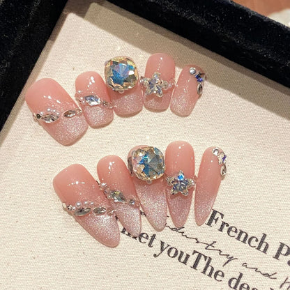 10 uñas postizas de lentejuelas con diseño de ojo de gato, hechas a mano, color rosa, con diseños de diamantes brillantes, reutilizables, francesas. 
