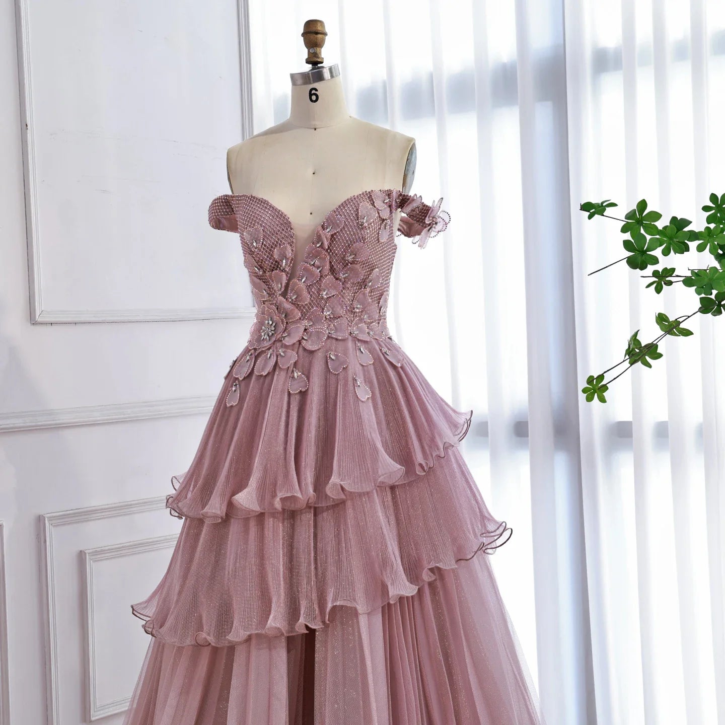 Luxury Pink Dreamy Ruffles Beaded A-Line Evening Dress LA73385