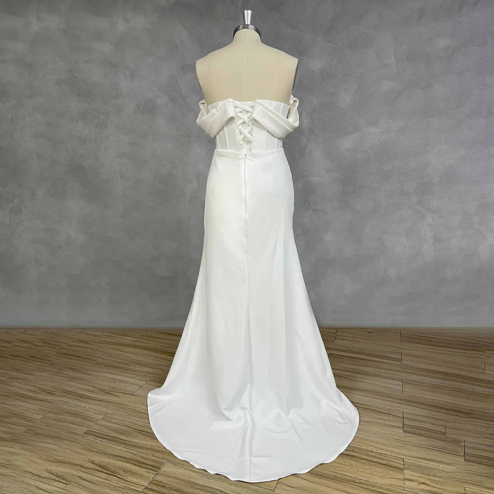 Custom Off Shoulder Satin Mermaid Wedding Dress With Corset And High Slit