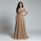 Custom Caramel Evening Prom Dress Long Sleeves A Line Muslim Gown