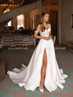 Custom Satin A Line Wedding Dress Front Split Sweetheart Bridal Gown