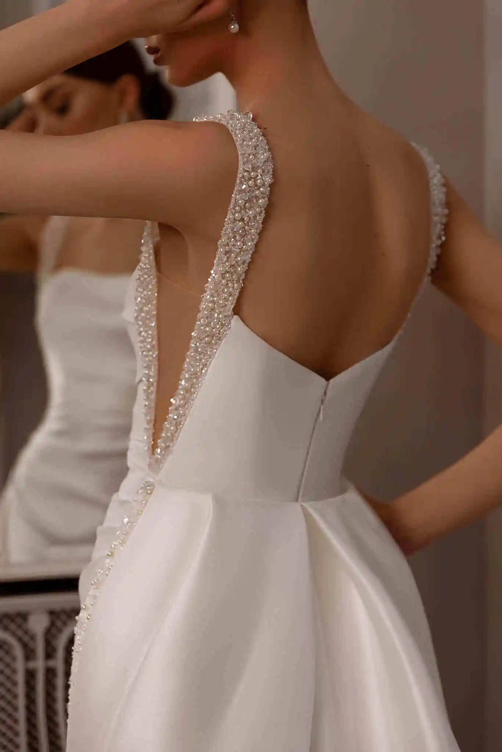Customized Elegant Satin Square Collar Mermaid Wedding Dress With Beaded Lace