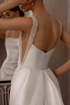 Customized Elegant Satin Square Collar Mermaid Wedding Dress With Beaded Lace
