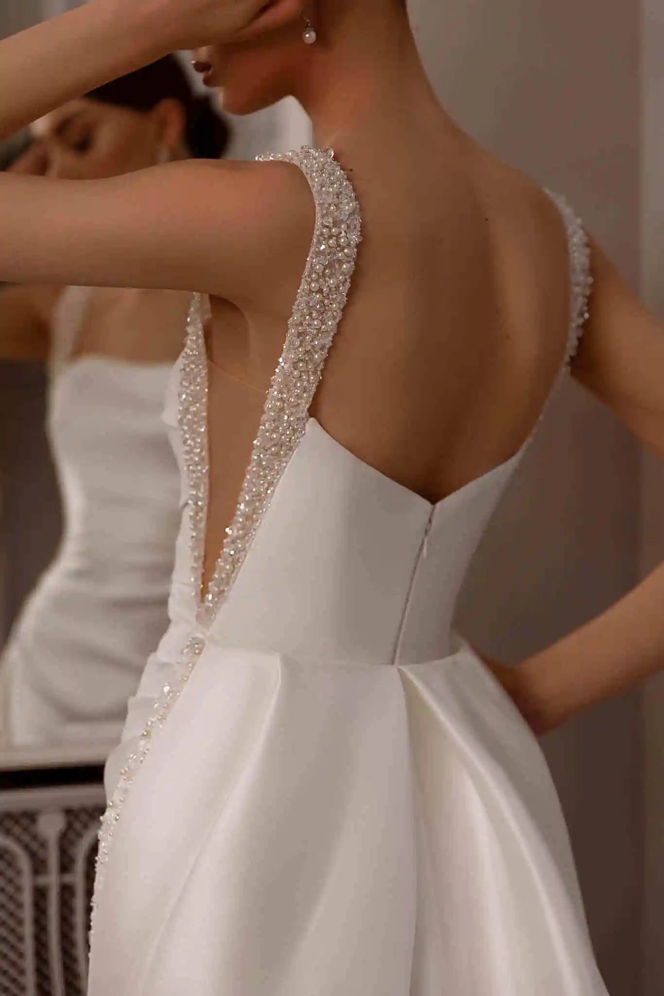 Customized Elegant Satin Square Collar Mermaid Wedding Dress With Beaded Lace