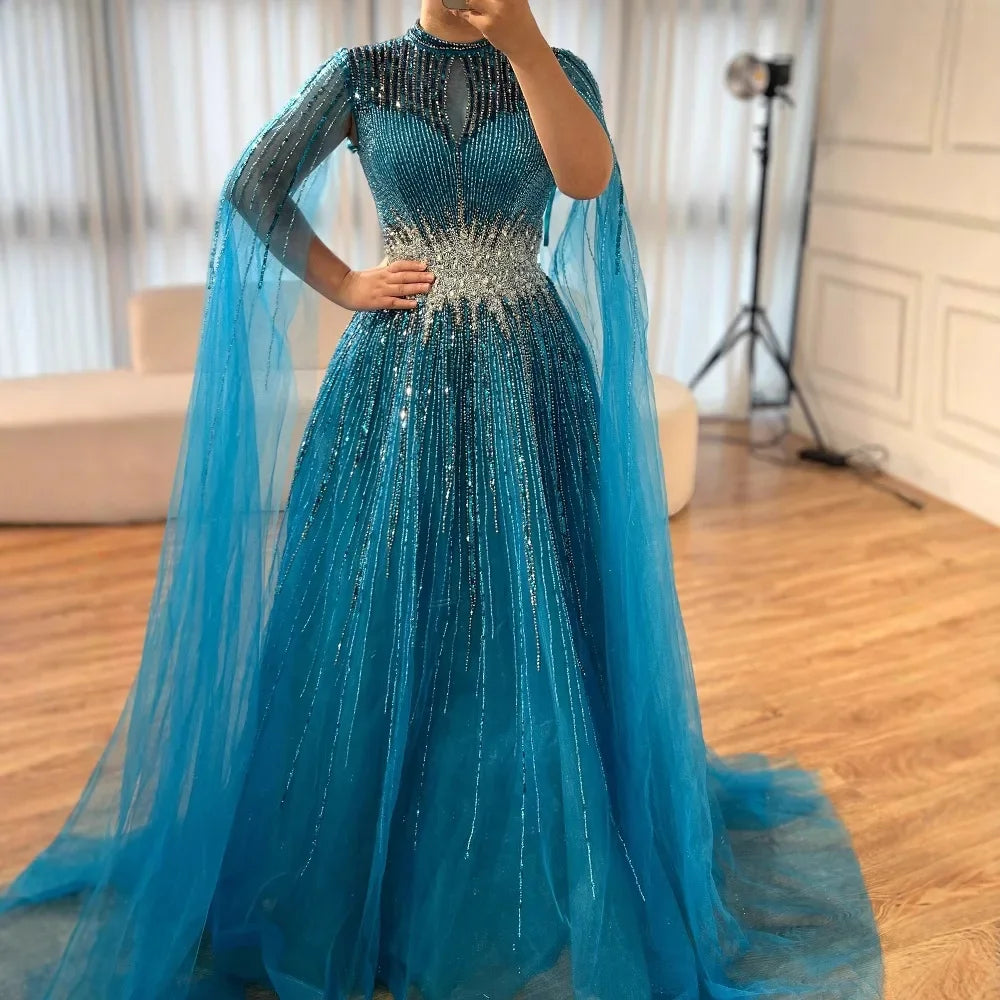 Custom Elegant Modest Blue Beaded Dubai Gown With Cape Sleeves
