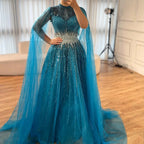 Custom Elegant Modest Blue Beaded Dubai Gown With Cape Sleeves