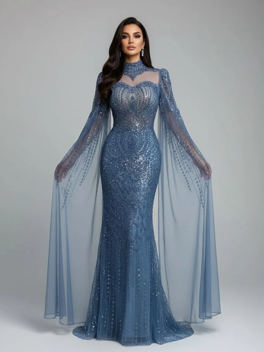Luxury  Modest Blue Mermaid Evening Dress with Cape LA73006