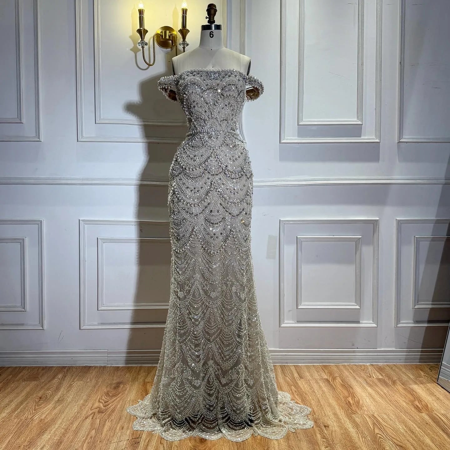 Serene Hill Pearl Beaded Mermaid Off Shoulder Formal Evening Dress