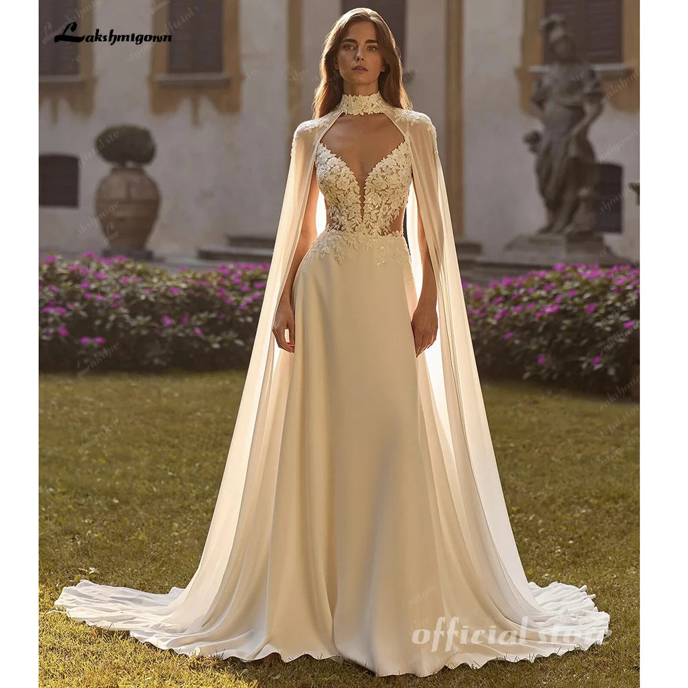 Lakshmigown Bohemian A Line Wedding Dress With Lace V Neck And Cape